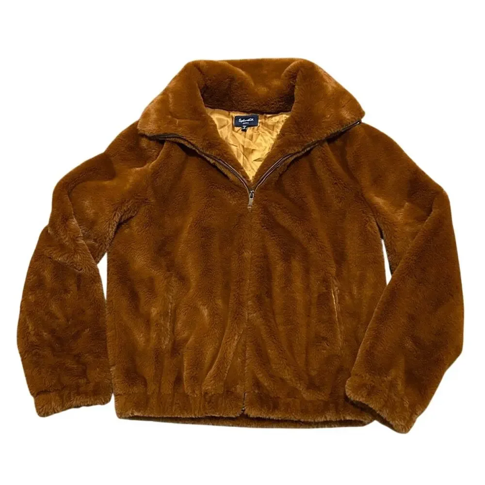 Splendid Y2K Brown Teddy Faux Fur Boho Jacket Zip Up Cozy Plush Women’s Small